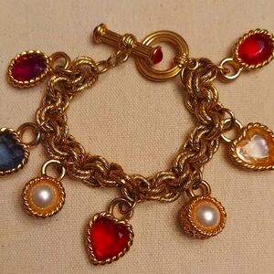 FINAL SALE Gold Tone and Red Charm Bracelet with Heart and Oval Charms